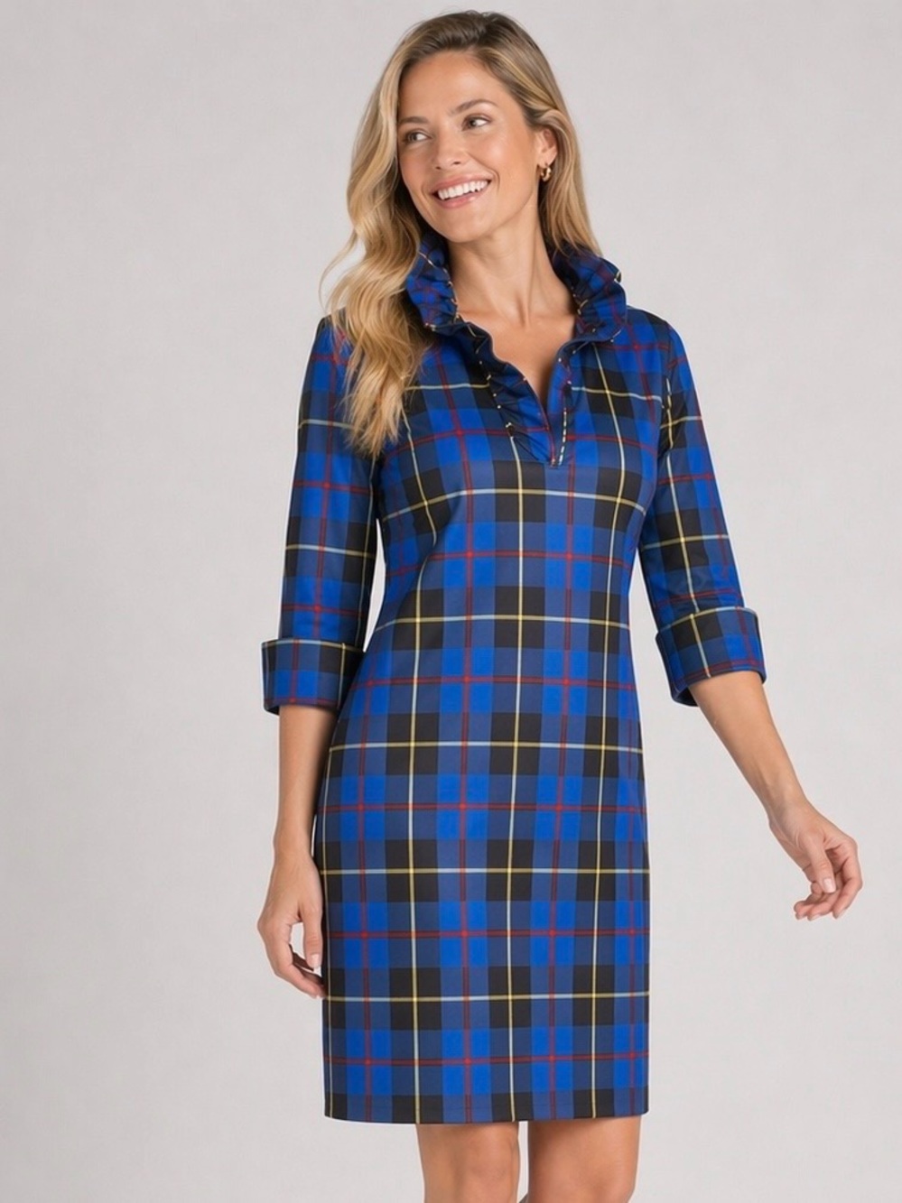 GRETCHEN SCOTT Blue Plaid Shift Dress Ruffle Stand Collar 3/4 Sleeve Preppy Sz M